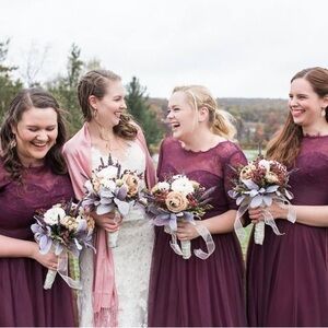 Maroon bridesmaid dress, with lace top. Size 10/12 and size 14/16.